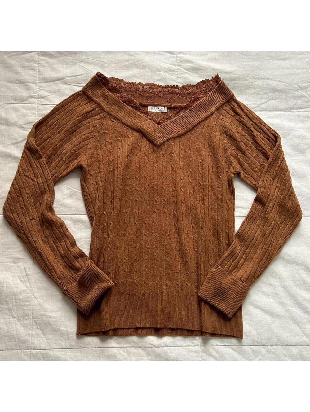Axes Femme Orange Lace Trim Cable Knit Sweater Mori Kei M Japan